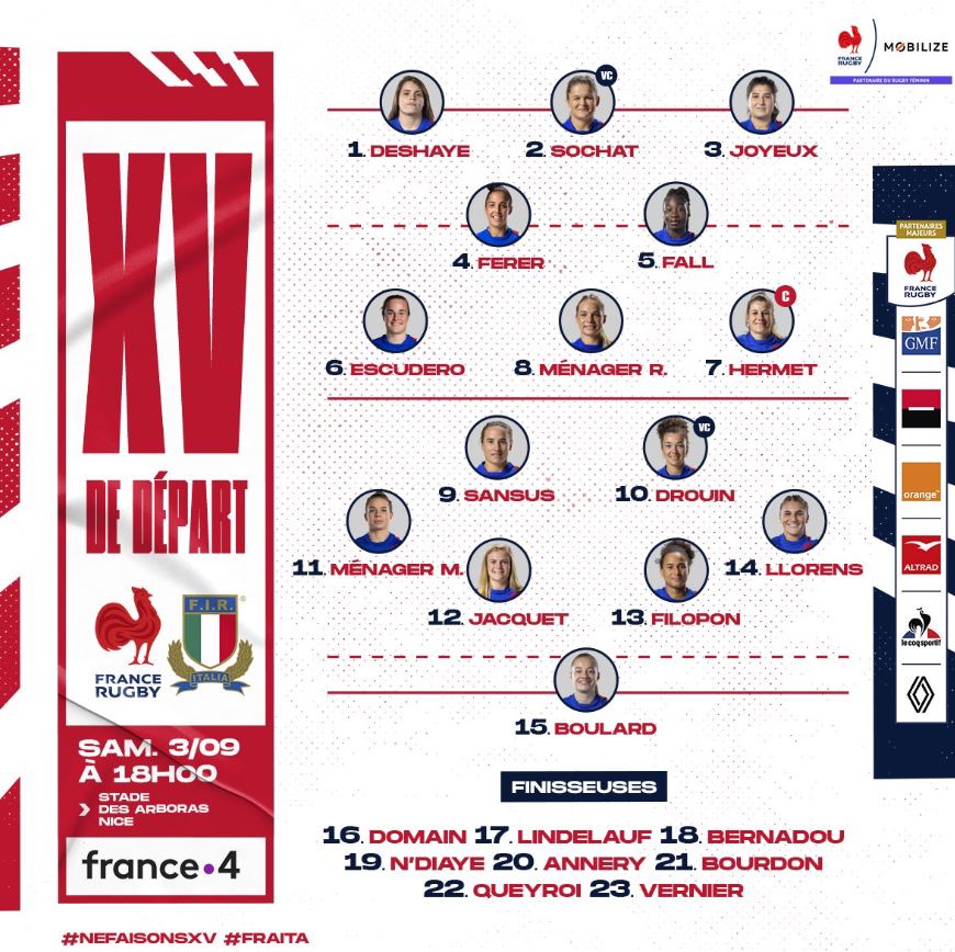 France / Italie (TV/Streaming) Sur quelle chaîne suivre le match l'Equipe de France de Rugby Féminin samedi 03 septembre ?