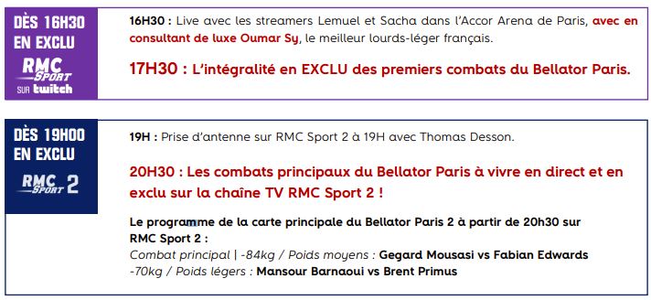 MMA Bellator Paris 2023 - Primus vs Barnaoui (TV/Streaming) Sur quelle chaine et à quelle heure suivre le combat et la soirée de MMA ?
