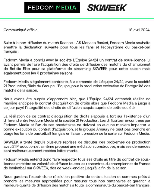 Fedcom et sa plateforme Skweek le Médiapro du basket français ?